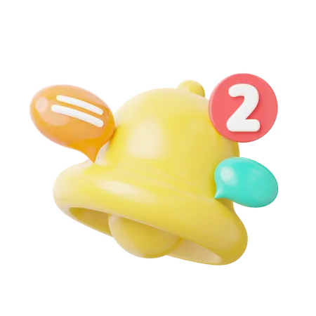 3 D Notification Message Bell Icon Bell Alert With Speech Bubble For Social Media Reminder Floating On Transparent Red Label With Notification 2 Items Cartoon Icon Minimal Smooth 3 D Render 3D Icon