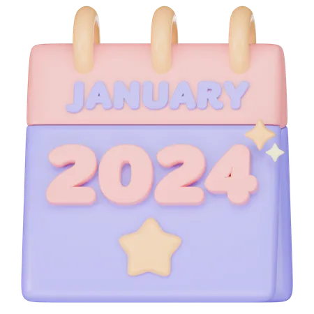 Minimal Calendar New Year 2024 With Yallow Star 3 D Icon Render 3D Icon