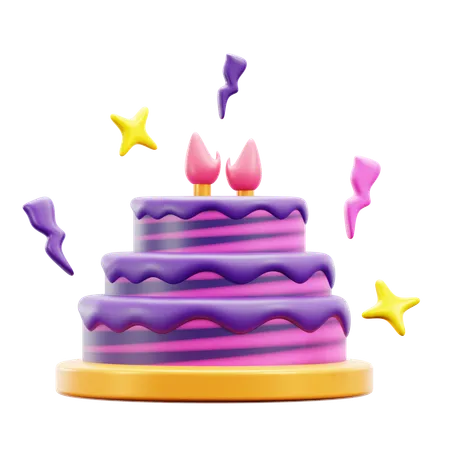 Birthday Party Cake With Ribbon Confetti Decoration 3 D Icon Illustration Design 3D Icon