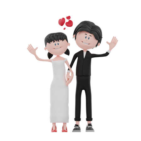 Newly wedded couple waiving hand 3D Illustration