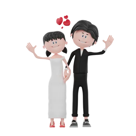 Newly wedded couple waiving hand 3D Illustration