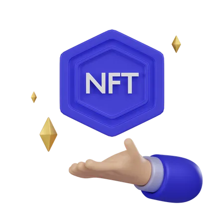 A Visually Striking 3 D Icon Of A Hand Presenting A Hexagonal NFT Symbol Representing The Concept Of Owning Digital Assets In The Form Of Non Fungible Tokens 3D Icon