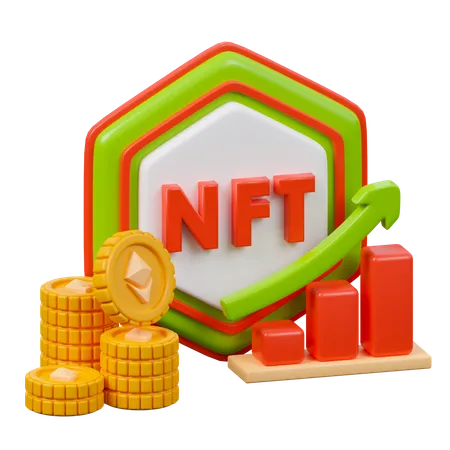 NFT Logo With Ethereum Coins And Bar Graph 3D Icon