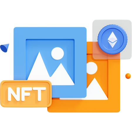 NFT mit Kryptokunst und Ethereum-Münze  3D Icon