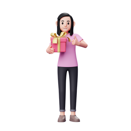 Chica abrazando regalo de San Valentín y dando el visto bueno  3D Illustration