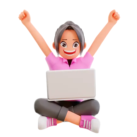 Chica alegre haciendo aprendizaje en línea en una computadora portátil  3D Illustration