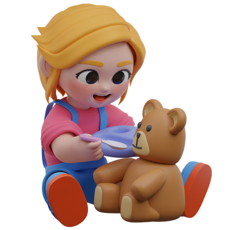 Niña alimentando a un osito de peluche  3D Icon