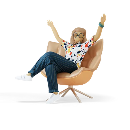 Niña animando mientras está sentado en una silla  3D Illustration