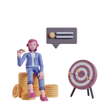 Mujer De Negocios Con Cabello Rosado Sentada Sobre Un Monton De Monedas Apuntando Al Objetivo De Dardos Comercializando Ilustracion 3 D 3D Illustration