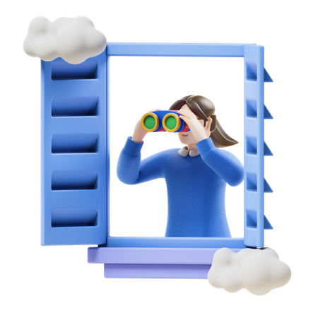 Chica avistando desde la ventana  3D Illustration