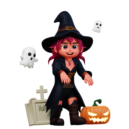 Chica bruja con calabaza aterradora  3D Illustration