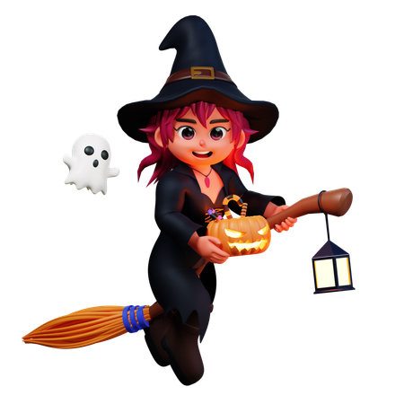 Chica Bruja Sosteniendo Calabaza Aterradora  3D Illustration