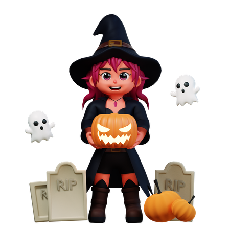 Chica Bruja Sosteniendo Calabaza Aterradora  3D Illustration