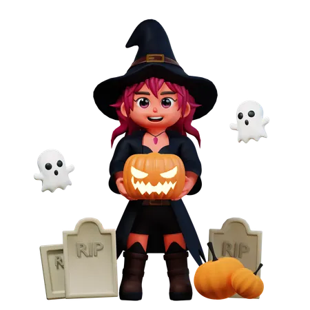 Chica Bruja Sosteniendo Calabaza Aterradora  3D Illustration