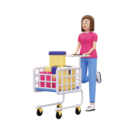 Chica caminando con carrito de compras  3D Illustration