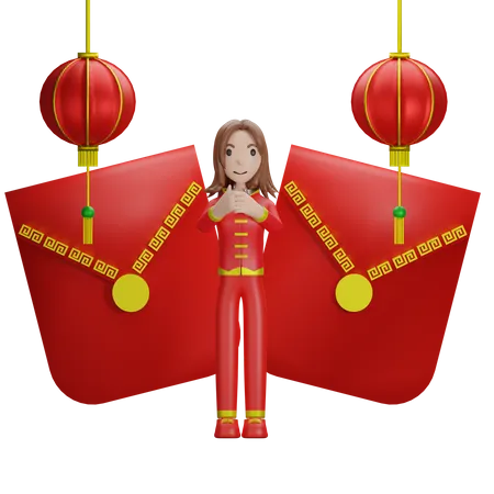 Niña china celebrando el año nuevo chino  3D Illustration