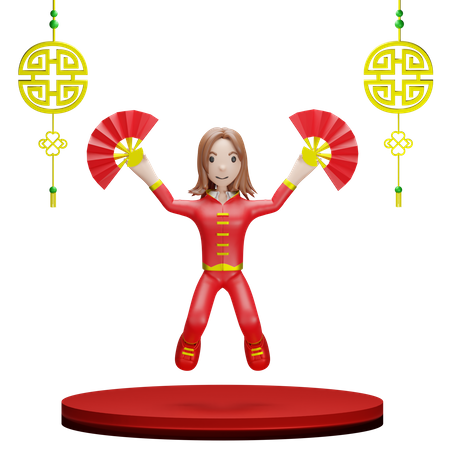 Niña china con abanico chino  3D Illustration