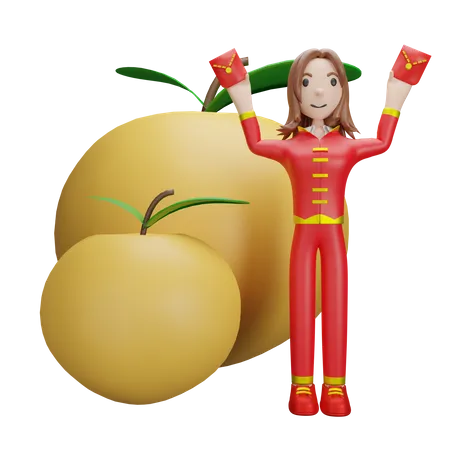 Niña china con mandarina  3D Illustration