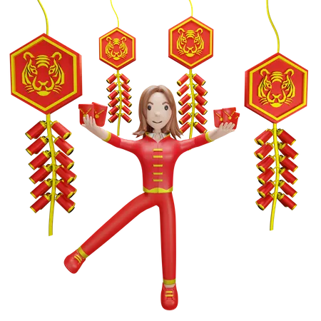 Niña china con petardo chino  3D Illustration