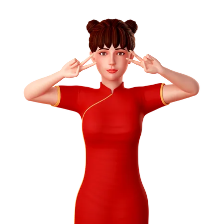 Niña china posando con un gesto de manos de paz cerca de su ojo  3D Illustration