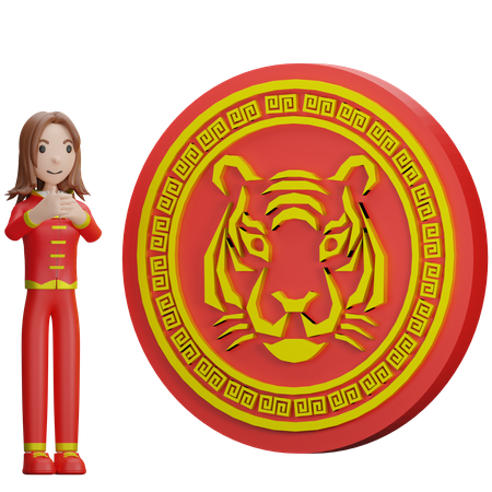 Niña china rezando moneda tigre  3D Illustration
