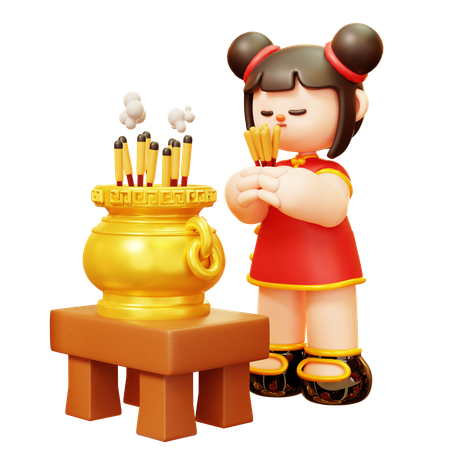Niña china rezando y ofreciendo incienso  3D Icon