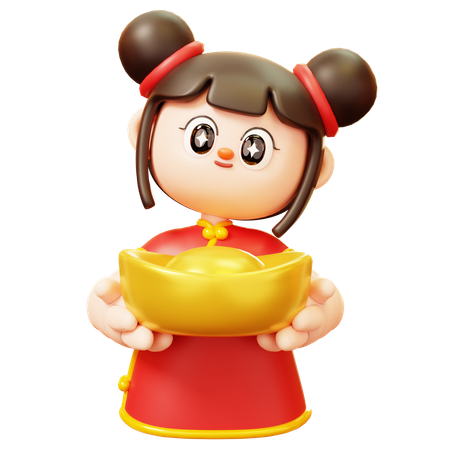 Niña china sosteniendo lingotes de oro  3D Icon