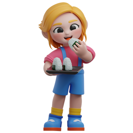Niña comiendo onigiri  3D Icon