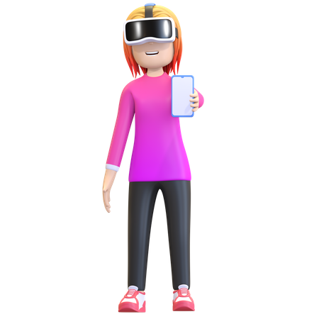 Chica con casco de realidad virtual y sosteniendo un teléfono inteligente  3D Illustration