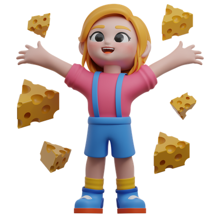 Niña con trozos de queso flotando  3D Icon