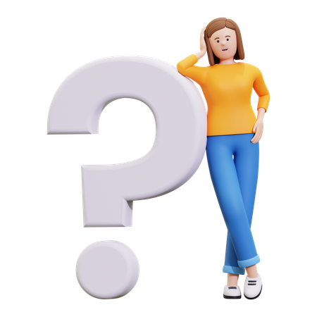 Chica confundida de pie con signo de interrogación  3D Illustration