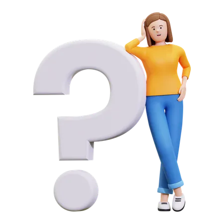 Chica confundida de pie con signo de interrogación  3D Illustration