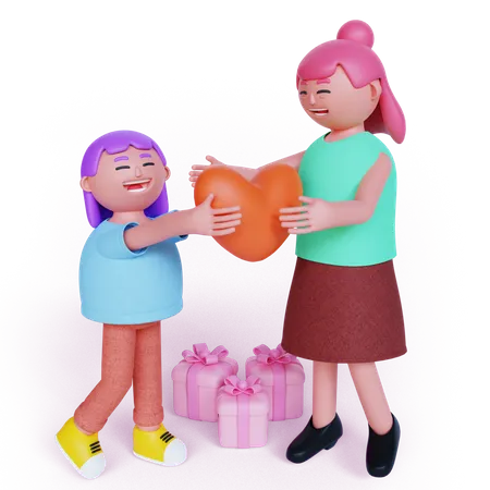 Niña dando corazón a madre  3D Illustration