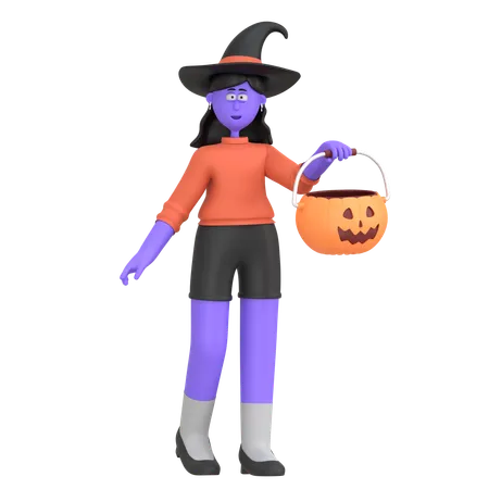 Niña de halloween sosteniendo una canasta de calabaza  3D Illustration
