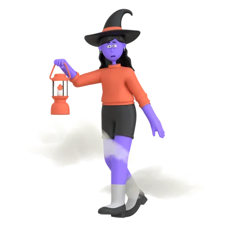 Niña de halloween sosteniendo linterna  3D Illustration