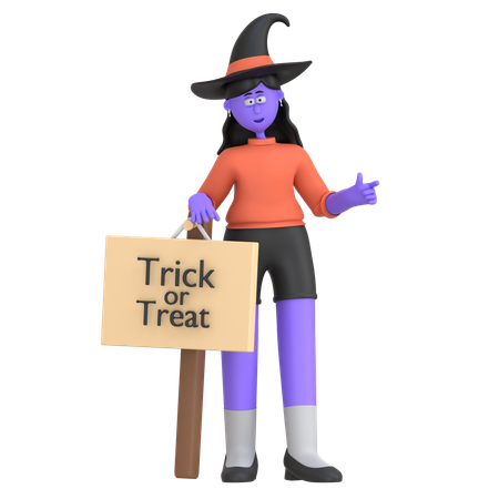 Chica de Halloween con cartel de truco o trato  3D Illustration