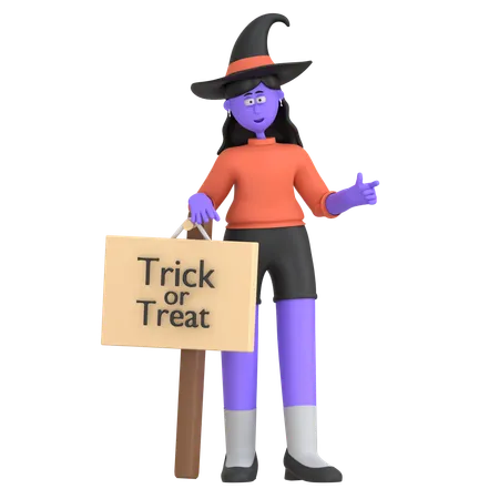 Chica de Halloween con cartel de truco o trato  3D Illustration