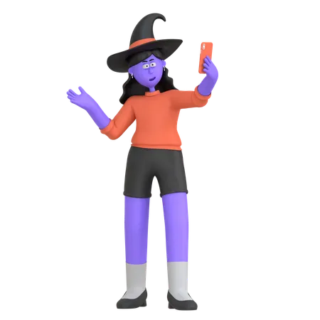 Chica de halloween tomando selfie disfrazada  3D Illustration