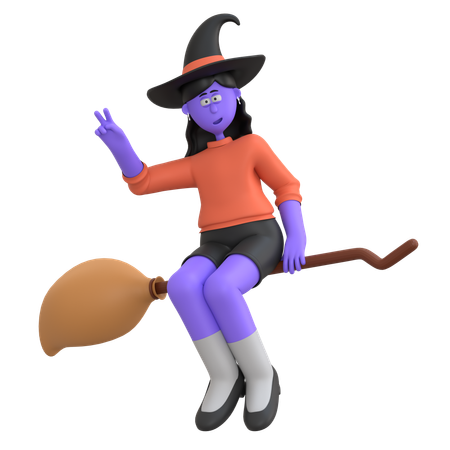 Niña de halloween volando con escoba  3D Illustration