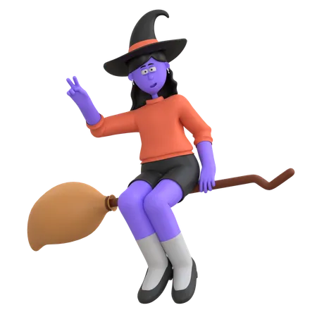 Niña de halloween volando con escoba  3D Illustration