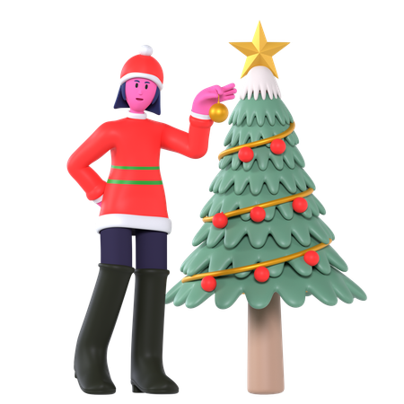 Navidad Niña Decorando Árbol De Navidad  3D Icon