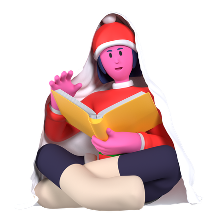 Libro de lectura de niña de Navidad con manta  3D Icon