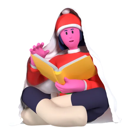 Libro de lectura de niña de Navidad con manta  3D Icon