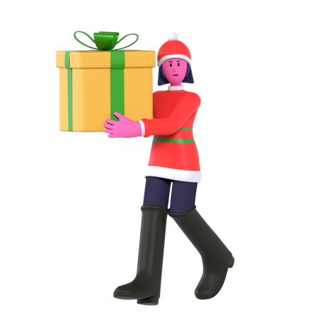 Chica De Navidad Con Gran Caja De Regalo  3D Icon