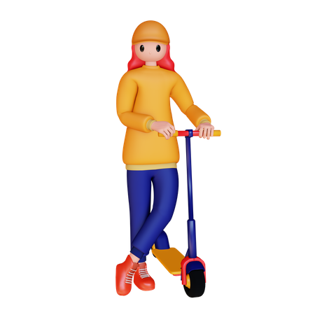 Chica parada cerca de scooter eléctrico  3D Illustration