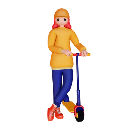 Chica parada cerca de scooter eléctrico  3D Illustration