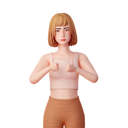 Chica de pie y mostrando doble pulgar hacia arriba  3D Illustration