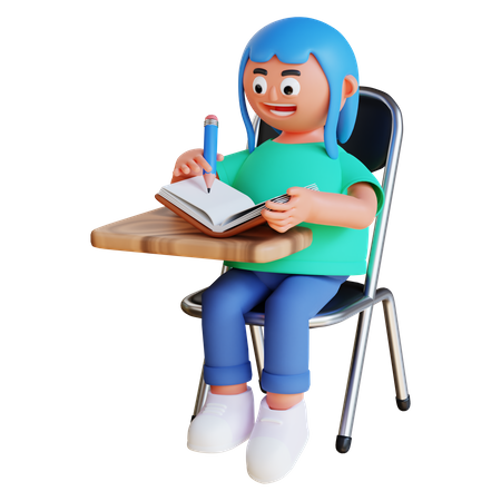 Chica escribiendo en un libro y sentada en una silla  3D Illustration