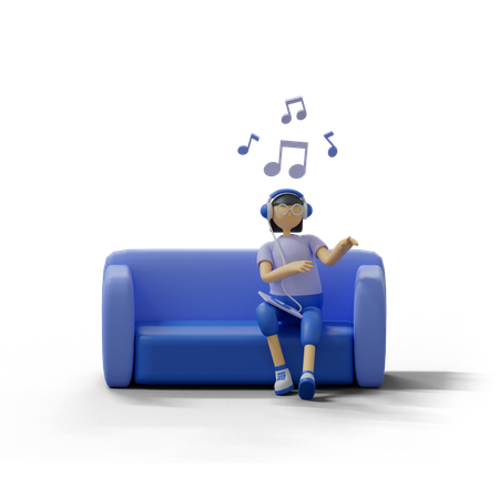 Chica escuchando música en el sofá  3D Illustration