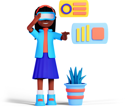 La niña está analizando gráficos comerciales usando gafas Vr  3D Illustration